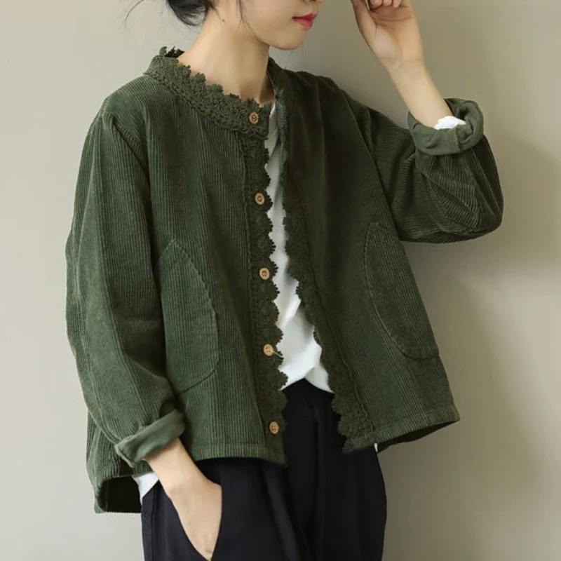 Chaquetas informales de pana para mujer, chaquetas sencillas y elegantes de encaje, Ulzzang Chic, combina con todo, Moda de Primavera, literario Vintage