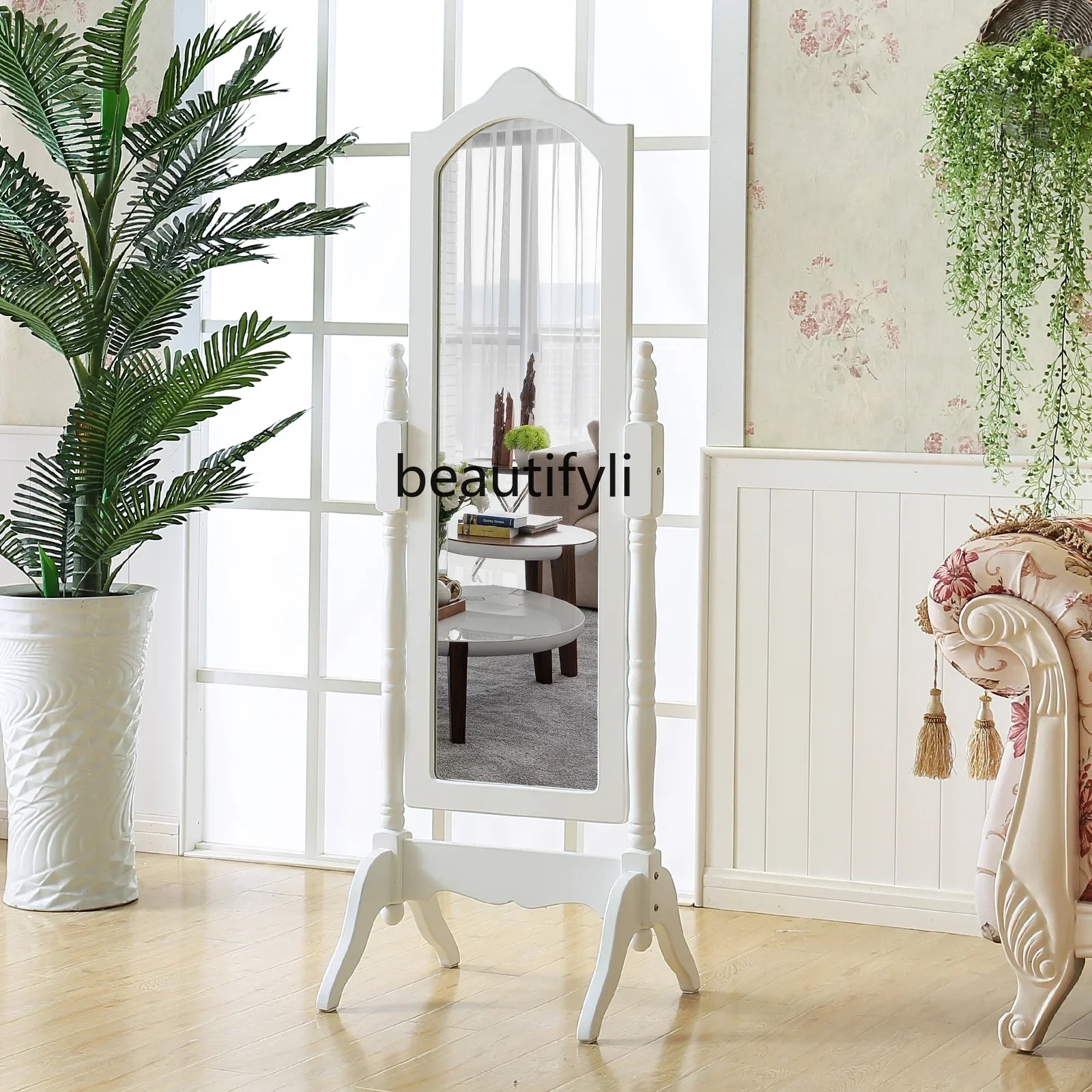 zx1European pastoral princess mirror bedroom white,floor-to-ceiling rotating square fitting mirror clothing store fulllength mir