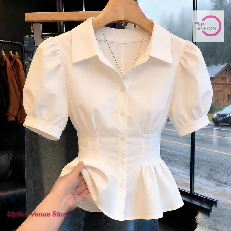 

French white bubble sleeve waist shirt female spring and summer new fashion niche design slim doll sleeve casual shirt