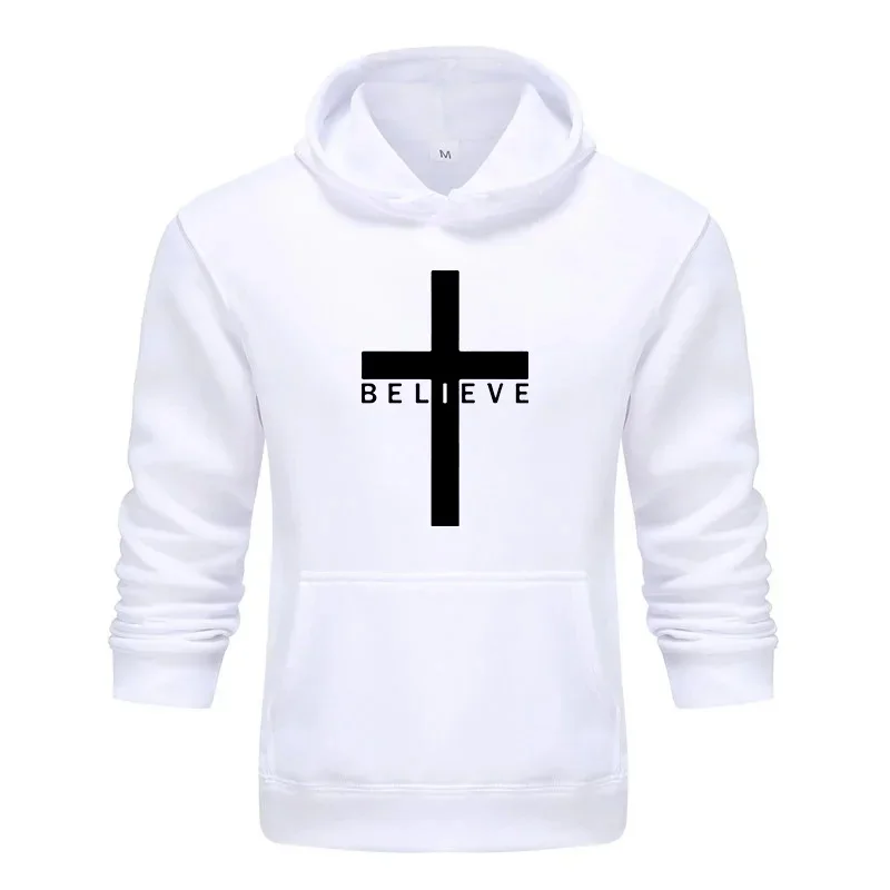 Men\'s Faith Hoodies Cross I Believe Jesus Print Sweatshirt Man Designer Casual Warm Hooded Tops Streetwear High Quality Outwear