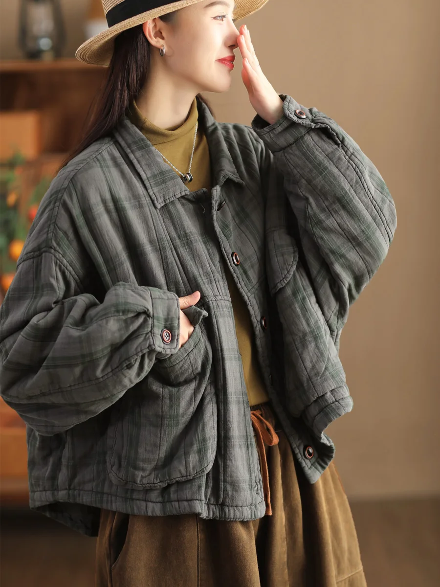 Retro Washed Linen Thin Cotton Jacket Women Winter Large Pocket Heavy Weight Color Woven Plaid Cotton Coat  Collar Long S...
