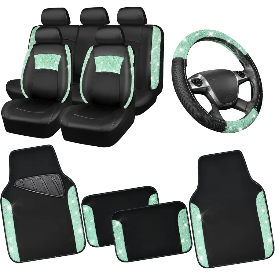 

Универсальные мятные кожаные кружевные чехлы на автомобильные сиденья, полный комплект для женщин и девочек, водонепроницаемые автомобильные коврики, блестящий ковер на руль Co