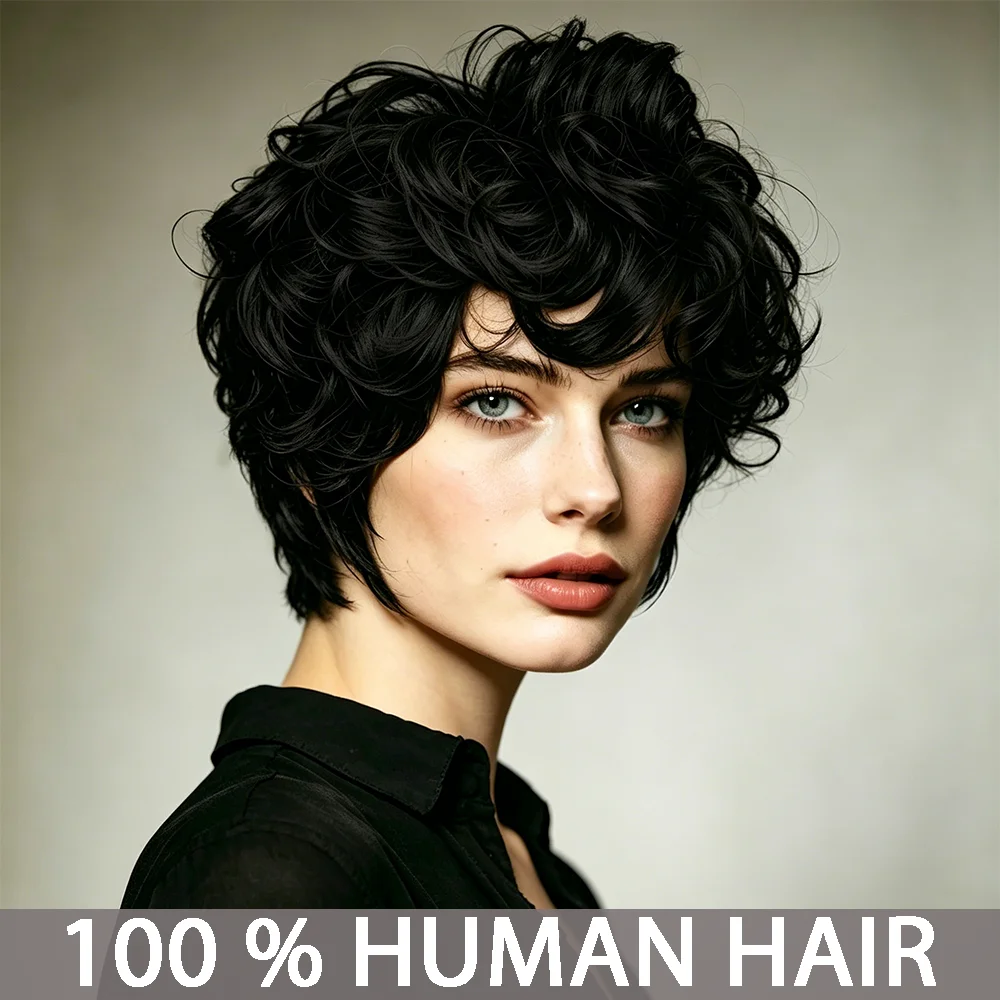 Afro Flauschige Lockige Echthaar-Perücken Natürliche Farbe Pixie-Cut Perücke Gestufte Kurze Lockige Perücke mit Pony Vollständig Maschinell Gefertigte Perücke