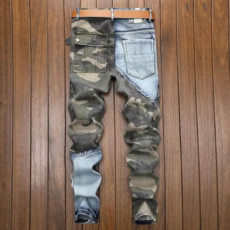 Männer Patchwork Jeans Mode Retro Slim Fit Elastische Bleistift Hosen Männliche Denim Camouflage Cowboy Hosen Lange Hosen