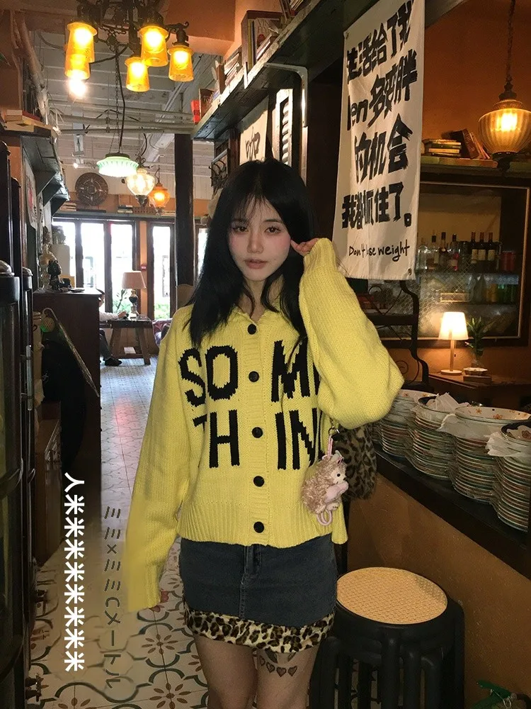 

Forlions Lazy American Retro Letter Print Hooded Open Cardigan Sweater Women's Autumn Faion Knitted Top