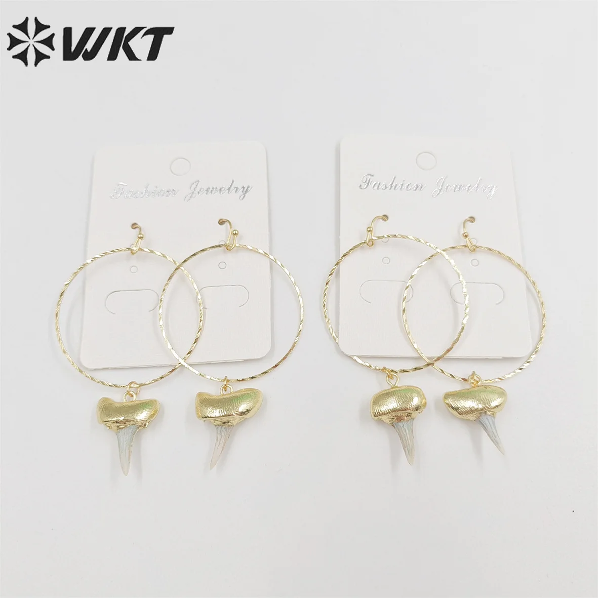 WT-E676 Wholesale Unique Fashion Shark Tooth Earrings Specimen Teeth Big Ring Dangle With 18k Real Gold Plated