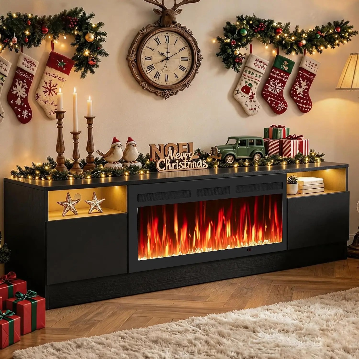 Electric Fireplace TV Stand With LED Light & Storage Cabinet For Up To 100