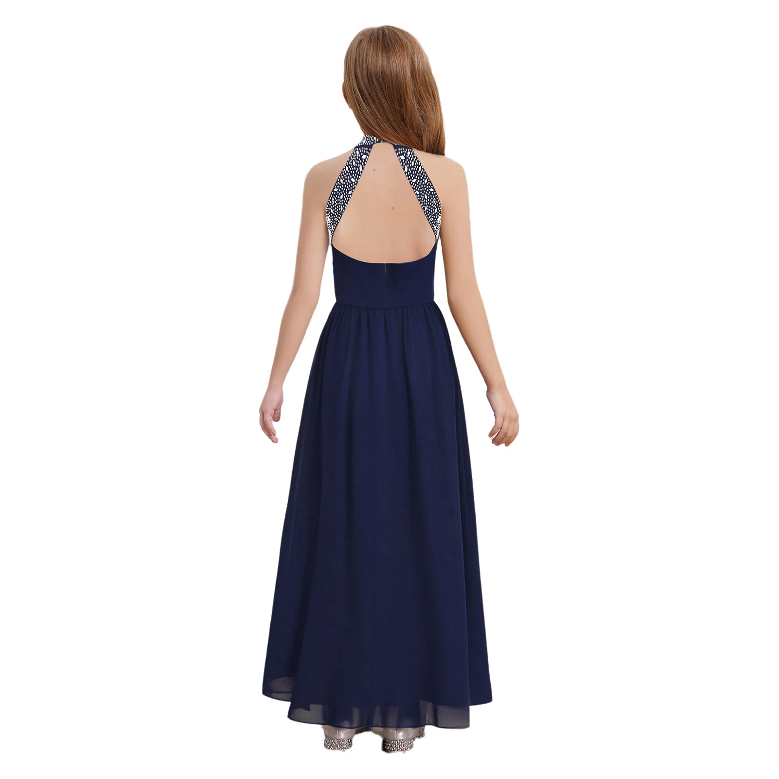 Elegant Girls Wedding Bridesmaid Dress Halter Sleeveless Ruched Chiffon Maxi Party Dresses Rhinestone Birthday Evening Prom Gown