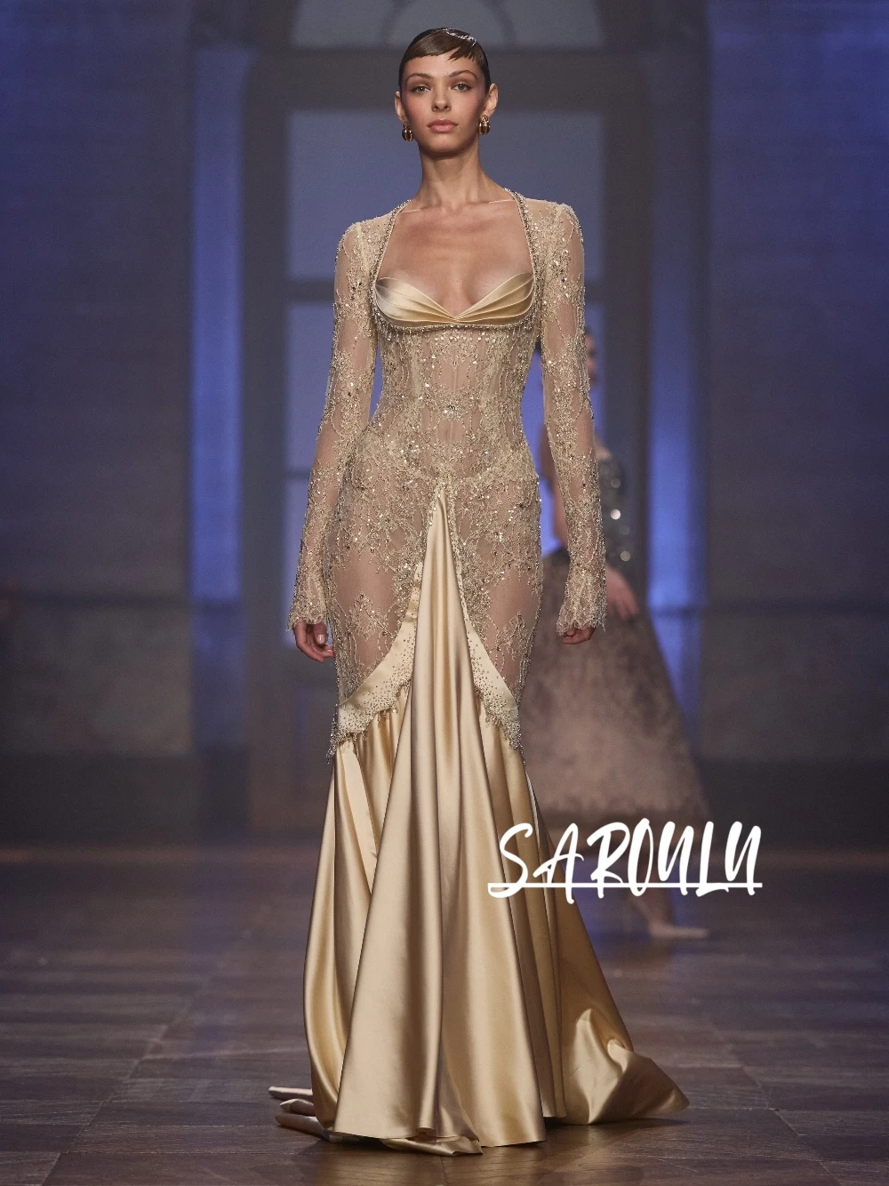 Sexy Sheer Lace Beaded Satin Patchwork Evening Dress Elegant Mermaid Long Sleeves Customized Prom Gown Wedding Guest Red Carpet