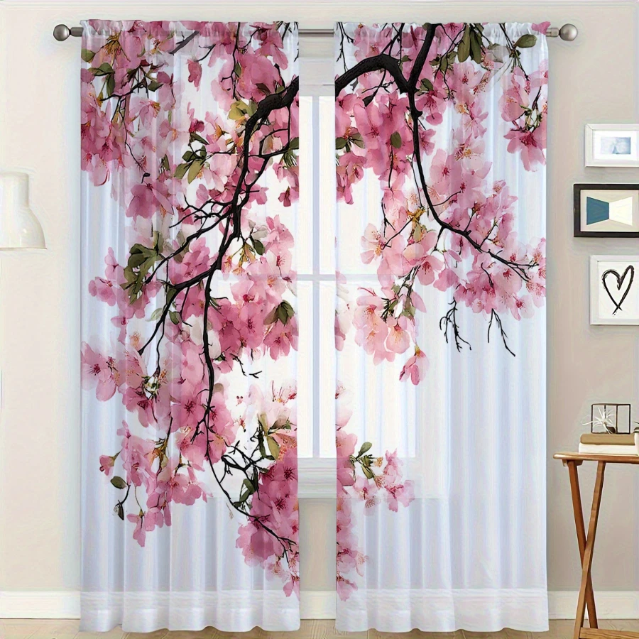2PCS Digital Print Sheer Curtain, Cherry Blossom Spring Scenery Pattern, Fresh Romantic Japanese Floral Garden Style Decor
