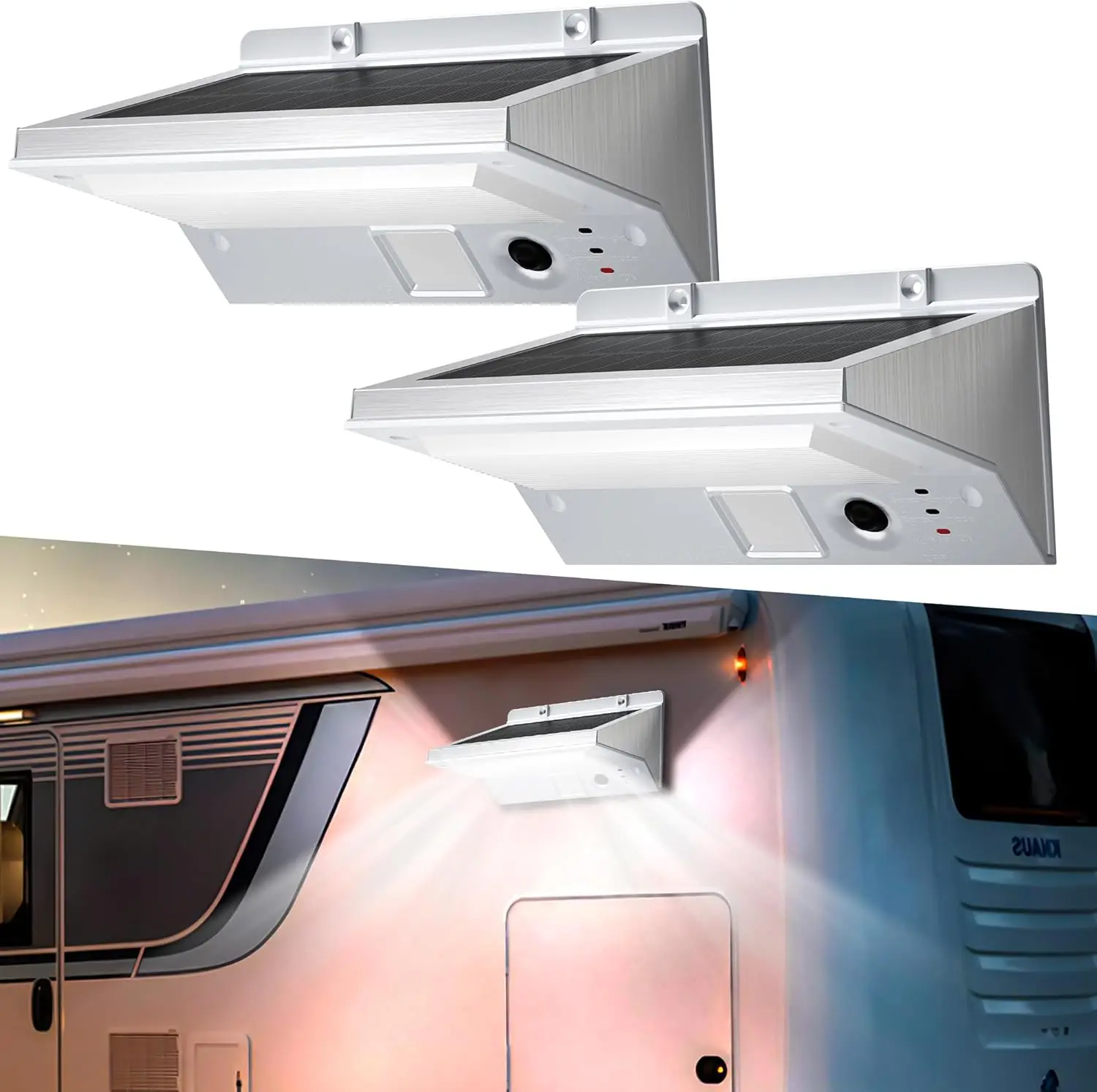 Solar RV Porch Lights 2 Pack, Motion Sensor Outdoor Lights with 2200mAh Battery & IP65 Waterproof, RV Exterior Light for RV