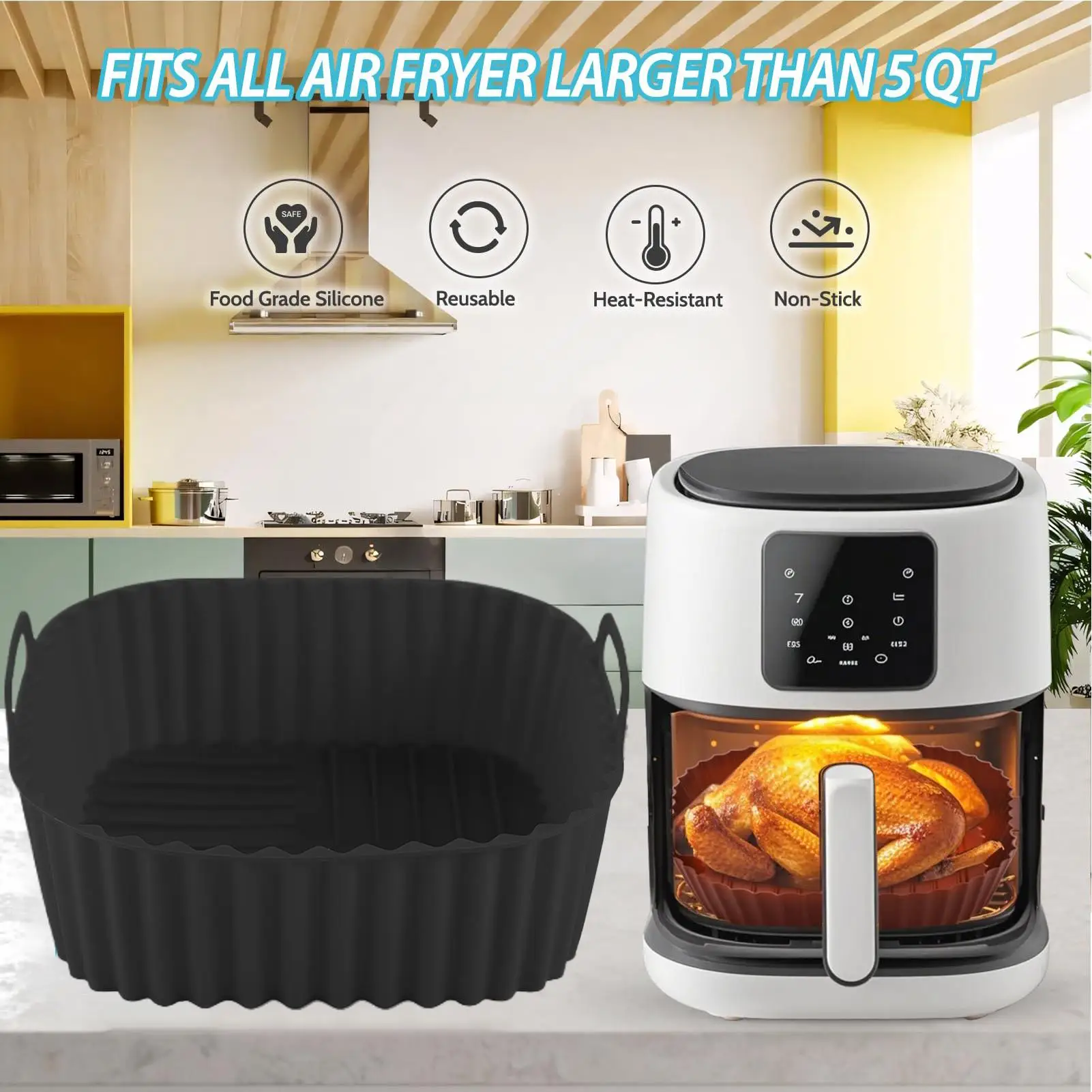 Air Fryer Silicone Liners Square Reusable Non Stick Basket Mat for Air Fryer Oven Microwave Baking Airfryer Kitchen Cookware