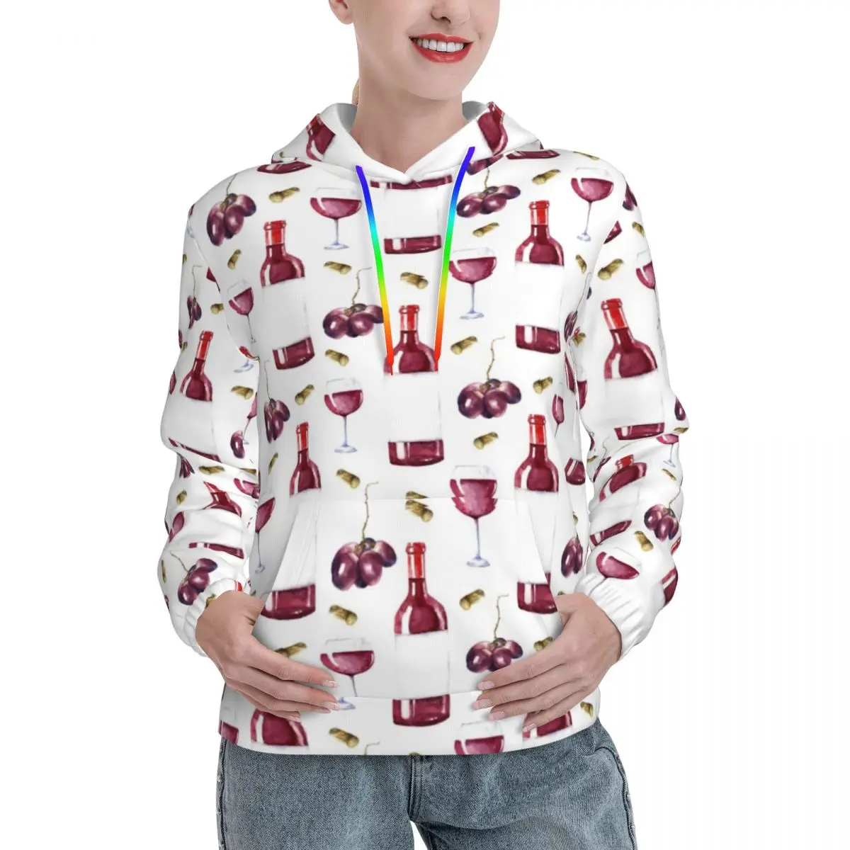 Wine Lover Casual Hoodies Red Wine Pattern Kawaii Sweatshirts Spring Long Sleeve Streetwear Oversized Hoodie Gift Idea