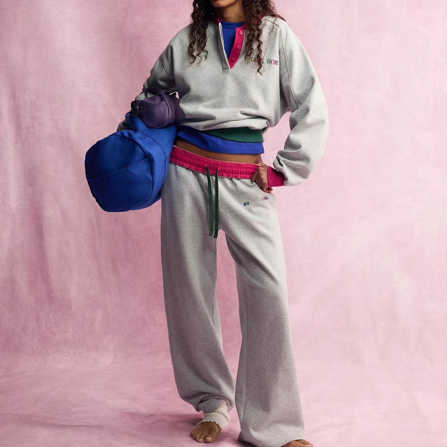 Women's Long Sleeve round Neck Button Color Block Hoodie Elastic Waist Running Pants Fashion Set Letter Pattern Four Seasons