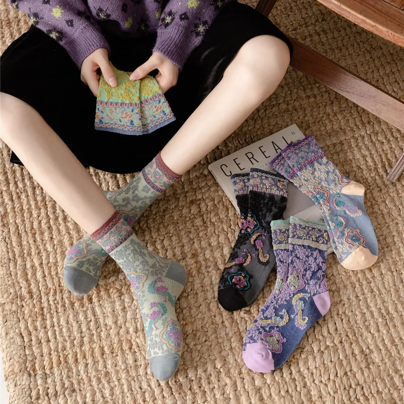 5 pairs Spring Autumn New Thin Style Retro Pattern Middle Tube Fashion Versatile Women's Socks Simple Comfortable Stacking Socks