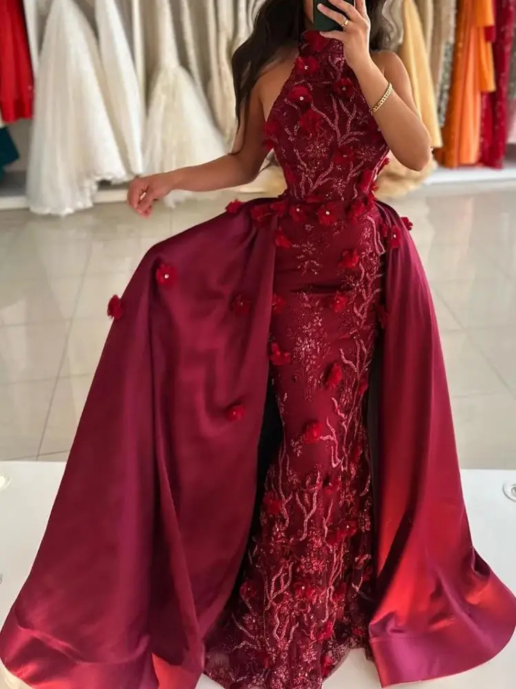 NB26 Customized Burgundy Women Evening Dresses High Neck Flower Meramid Long Formal Special Occasion Dress Wedding Party Gown