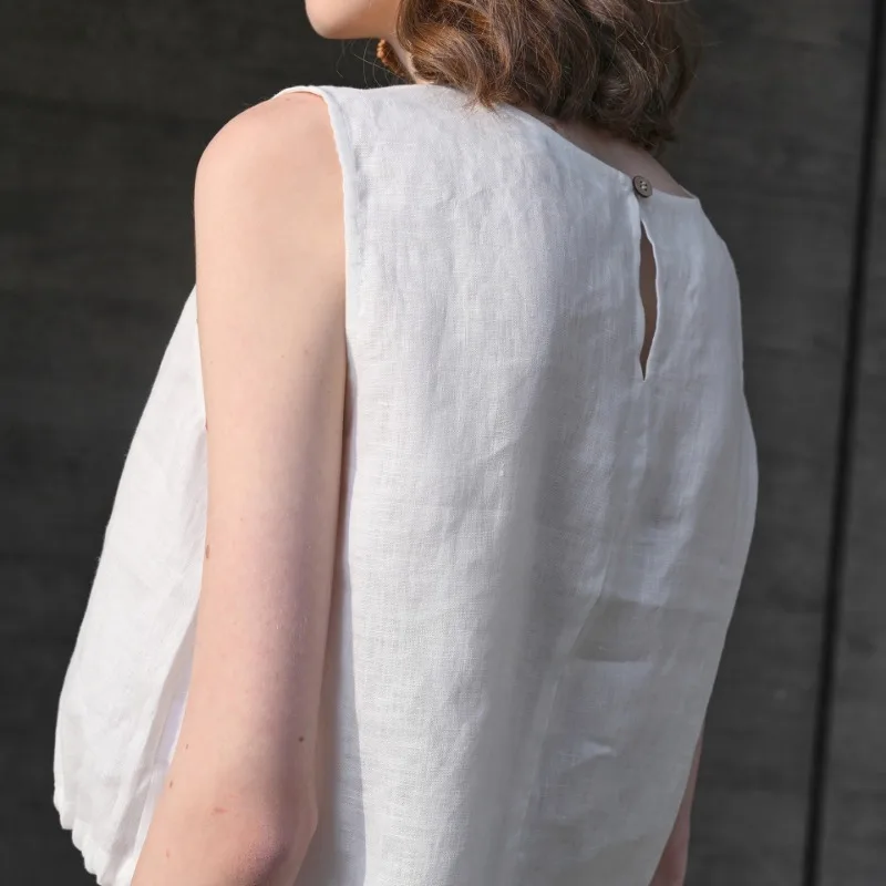 레트로 프랑스어 100% 리넨 화이트 자르기 탑 여성 민소매 o 넥 캐주얼 패션 느슨한 여름 streetwear 사무실 숙녀 셔츠