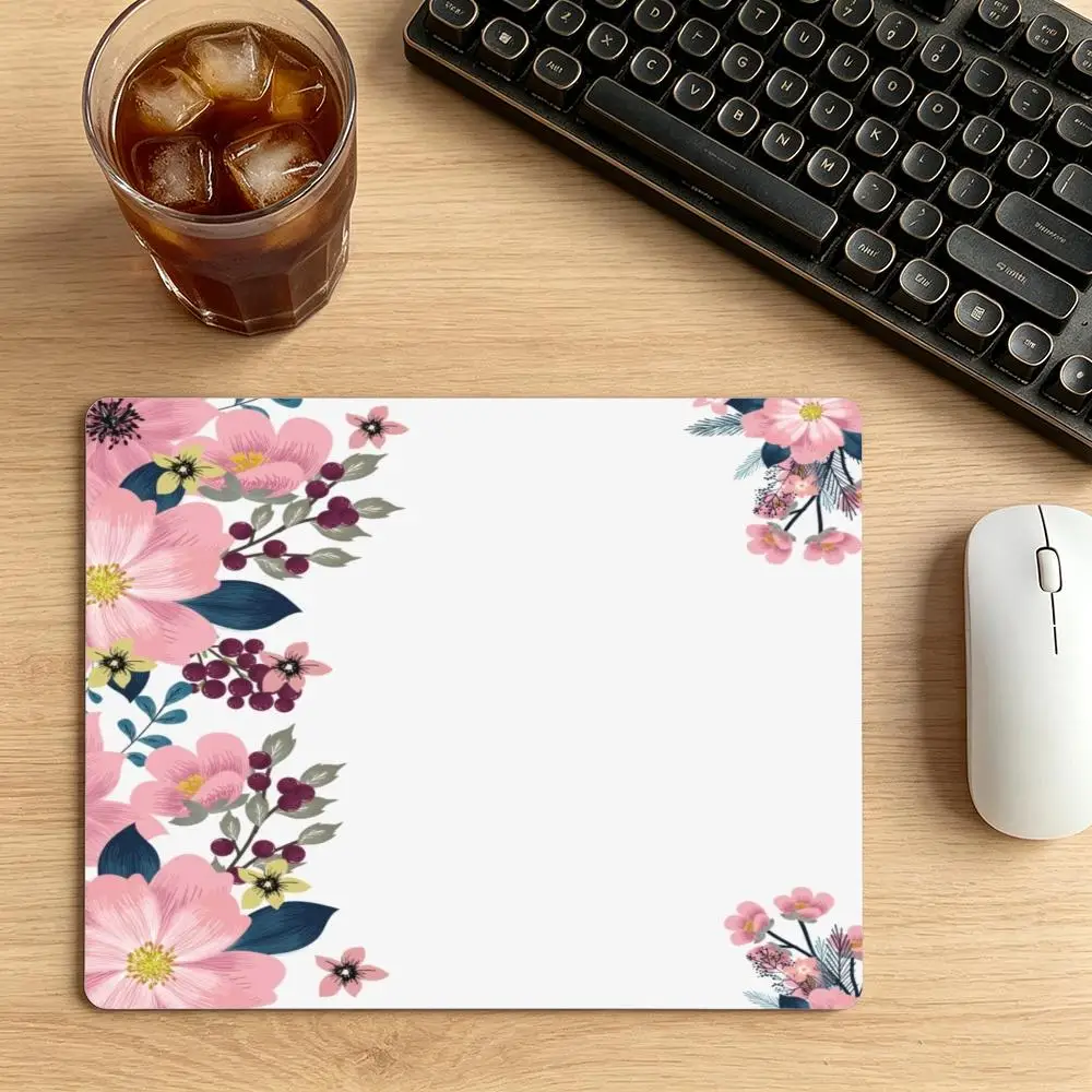 Pink Floral & Berry Border Cluster Pattern Gaming Mouse Pad, Stitched Edge NonSlip Large Desk Mat