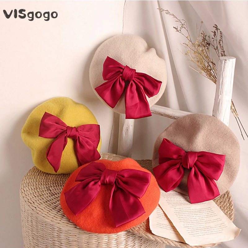 VISgogo Toddler Girls Beret Hat French Style Winter Warm Knit Hat with Cute Ribbon Bowknot Fall Kids Hat 8 Colors For 2-6Years