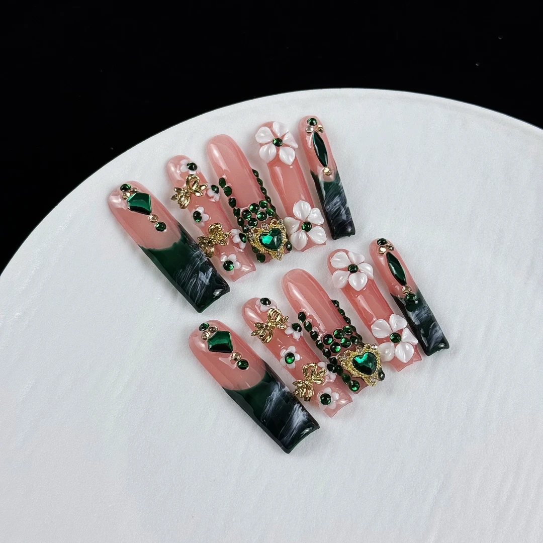 10pcs high-end Luxurious royal style, hand-painted three-dimensional heart, bow, green and pink contrasting colors handmade fake