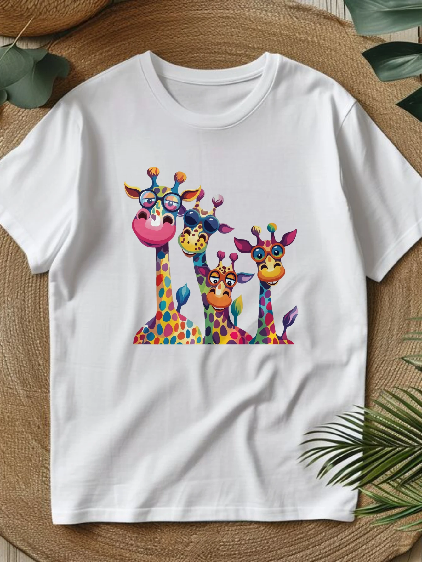 2026 Spring/Summer New Casual Short-Sleeved Printed T-Shirt, Exclusive Holiday Print and Unique Slogan, Colorful Giraffe Family Design, Local Delivery