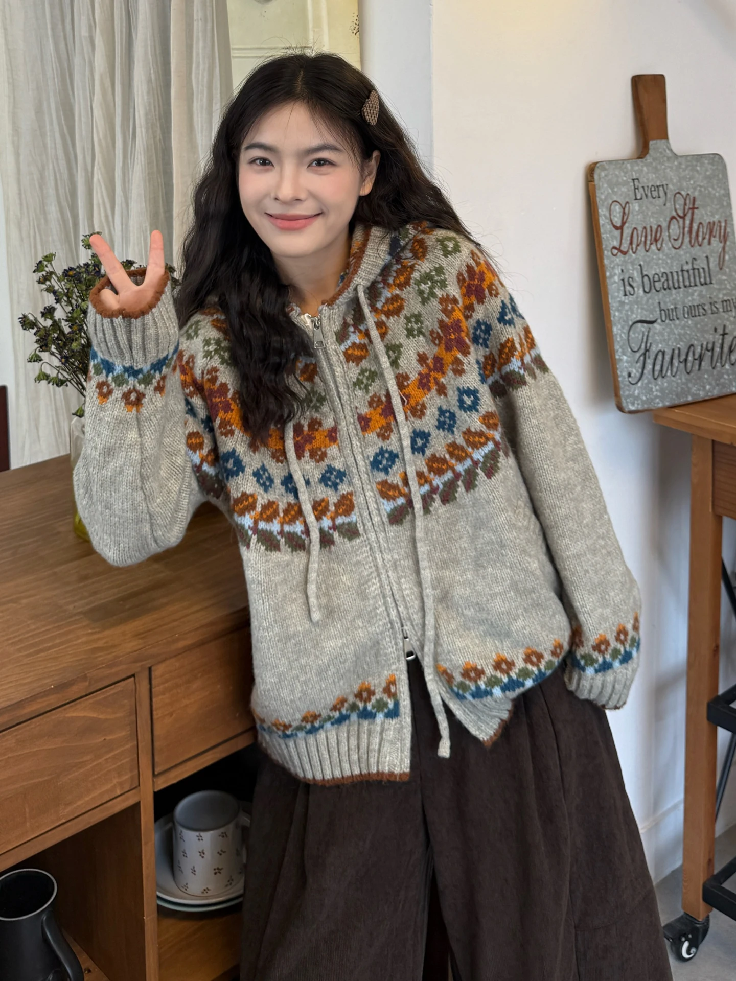 

Korean Retro Fair Isle Hooded Knit Sweater Jaet Women's plus Size Loose Lazy Sle Thiened Open Cardigan Coat