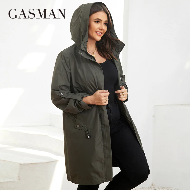 Gassman outono trench coat plus tamanho feminino mid-length cinto com capuz zíper jaqueta feminina cor sólida blusão parkas GM-8299