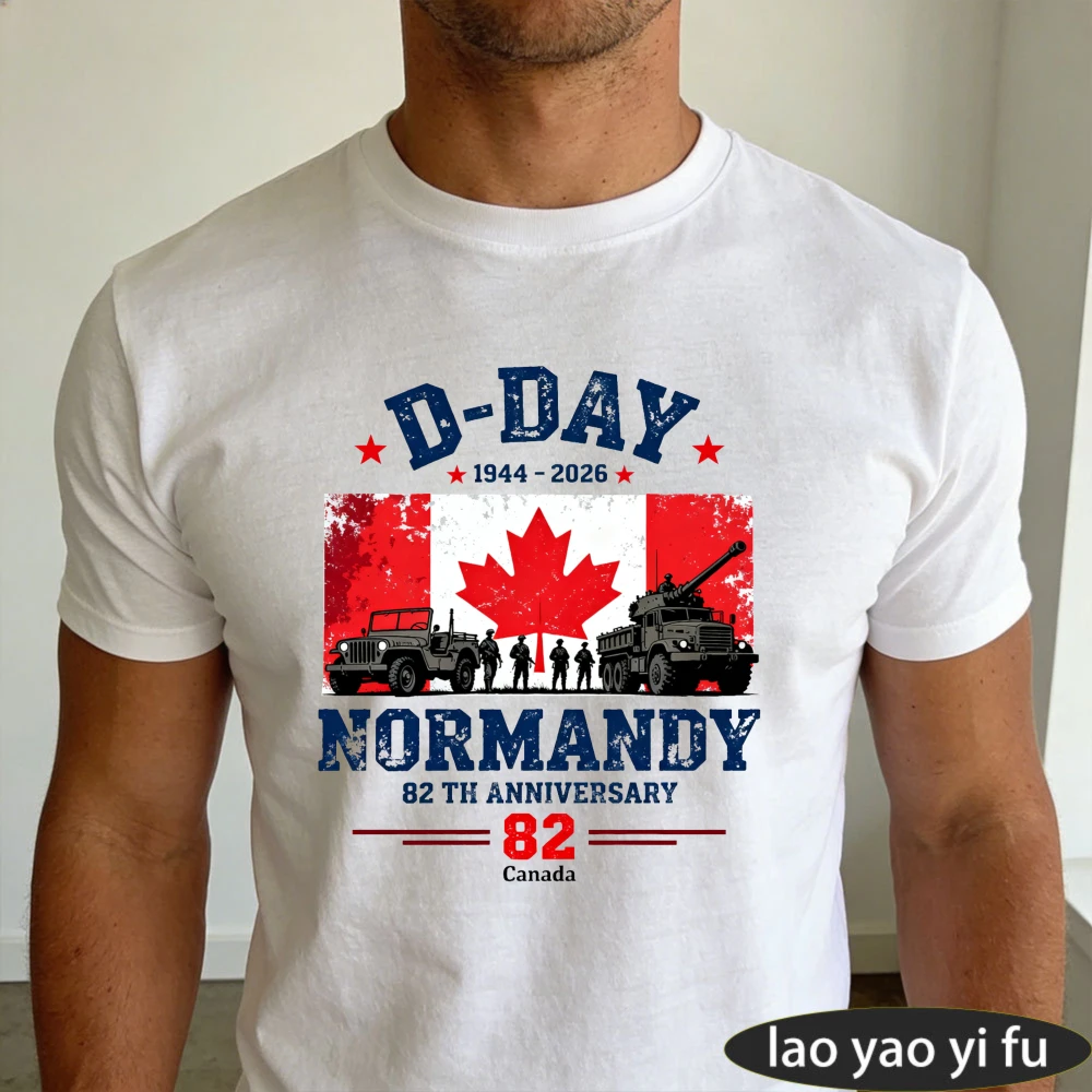 Vintage D-Day 1944-2026 Normandy Canada Men's T-Shirt Patriotic Canadian Flag Military Print Summer Fashion Casual Cotton Tee