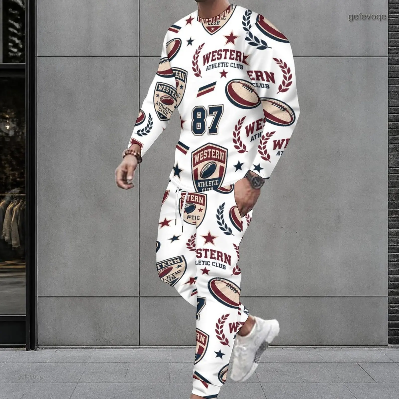 Men Printed Western Athletic Rugby 87 Pattern Round Neck Long Sleeve Top and Cuffed Pants Two Piece Set