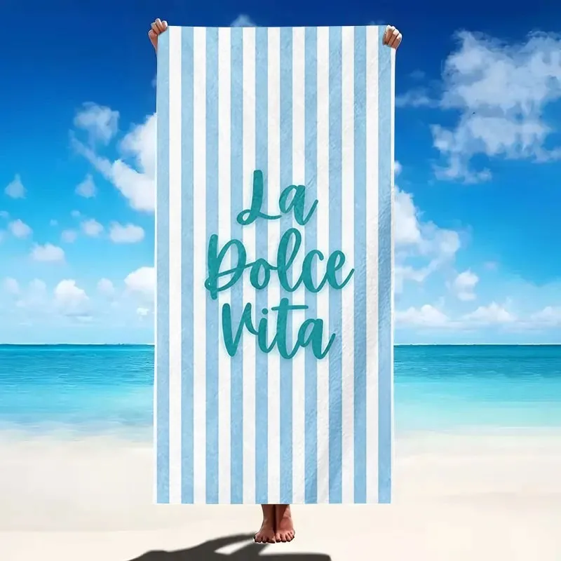 Italian Holiday Letter Style Blue White Stripe La Dolce Vita Cursive Print Quick Dry Sand Proof Microfiber Beach Towel