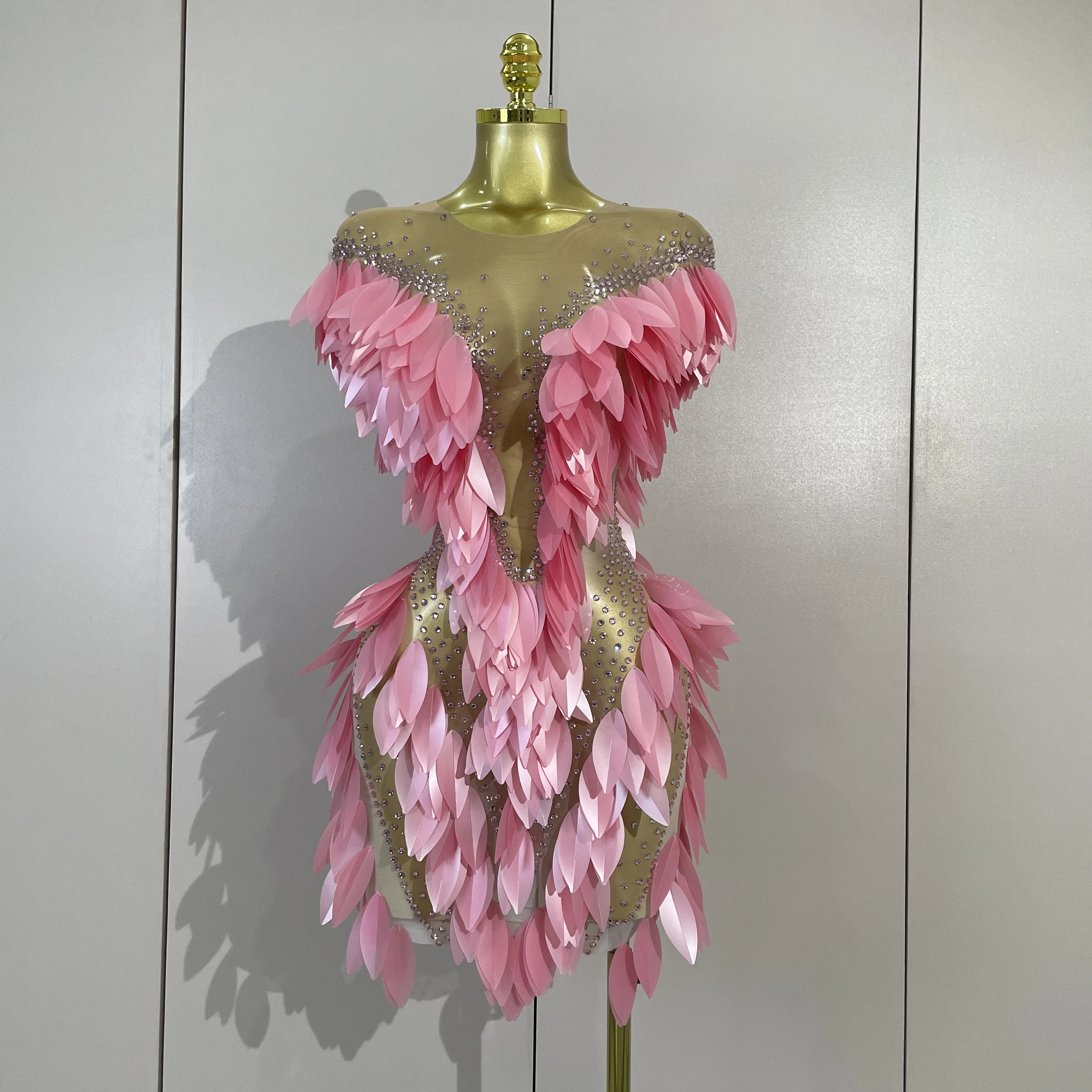 Women Pink Leaf Mesh Stretch Mini Dress Sparkly Diamond Evening Party Birthday Wedding Gown PhotoShoot Sexy Nightclub Stage Wear