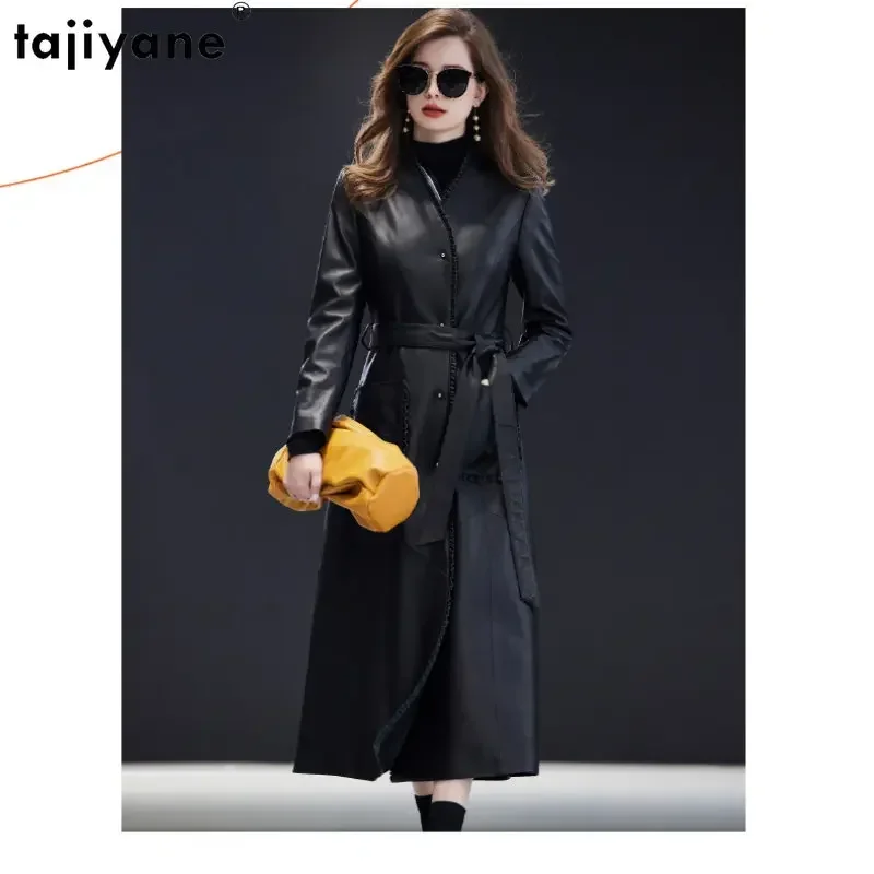 

Tajiyane Real Leather Jacket for Women 2023 Genuine Sheepskin Coat Mid-length Elegant Leather Jackets V-neck Black Streetwear