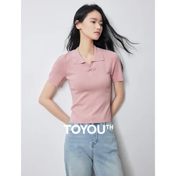 TOYOUTH Women Knitwear 2024 Summer New Chinese Style Short Sleeve Button Polo Collar SkinnyTops