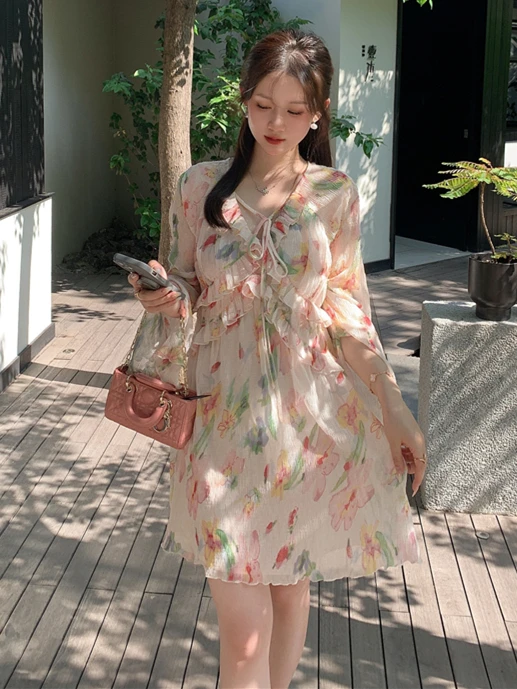 Summer New Chiffon Feminine V-Neck Necklace Tie Dress Floral Printing Fashion Breathable Thin Sweet Lovely Korean Style Vestidos