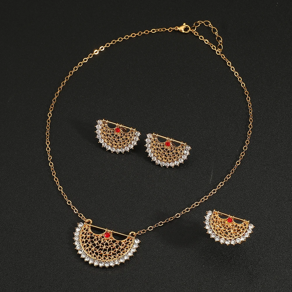 Hot Sale Sector-shaped geometric zircon Pendant necklace + earrings + ring Jewelry Set for Women Stainless Steel quality jewelry