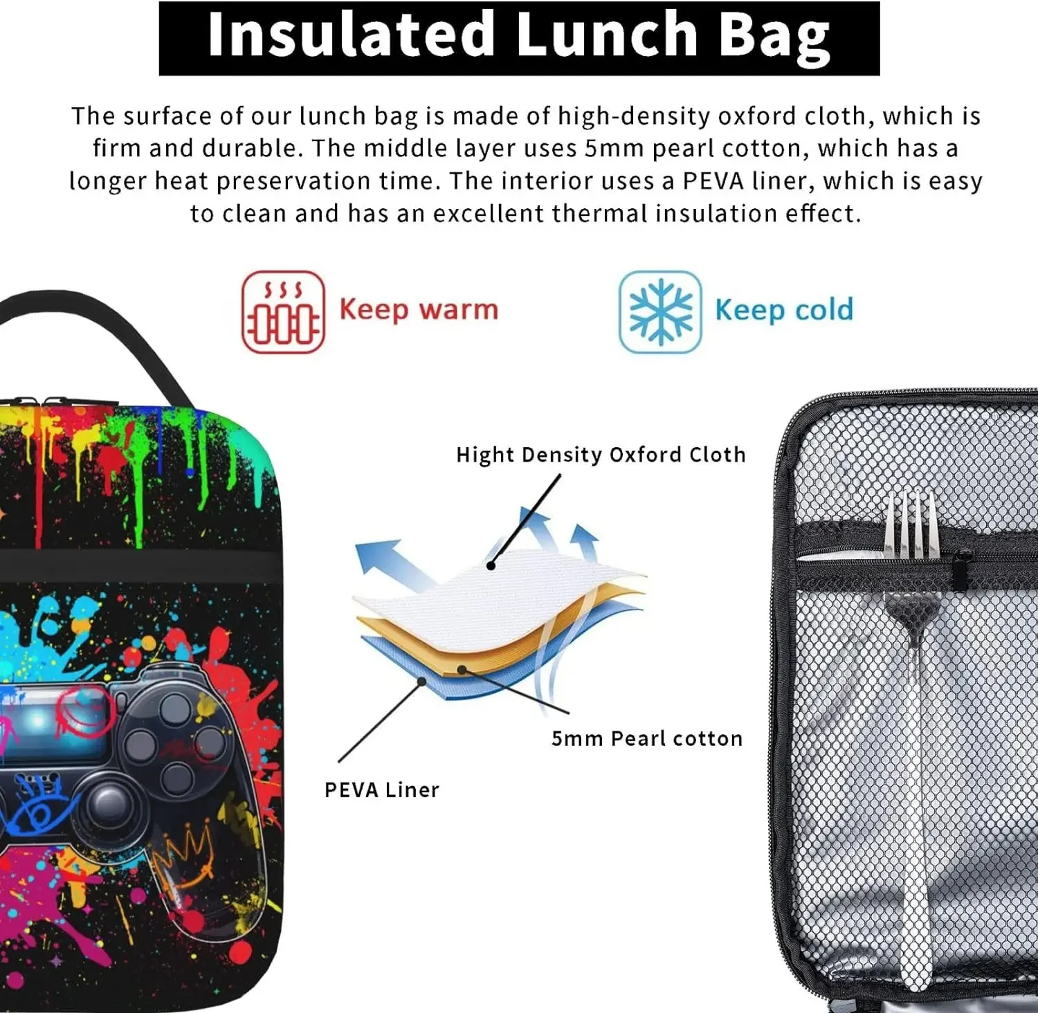 Video Game Lunch Box for Boys Insulated Gamepad Lunch Bag Reusable Cool Game Gamer Lunchbox Gaming Lunch Tote Bag With Adjustabl