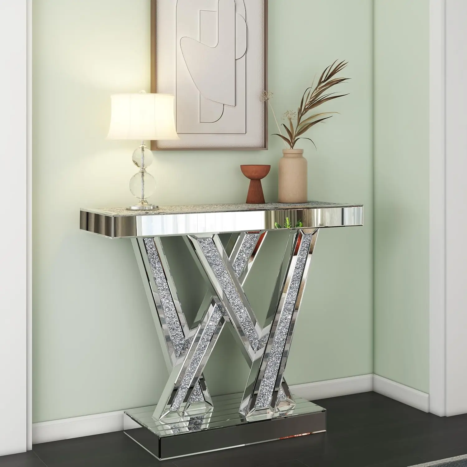 Modern Console Mirrored Finished Glam Style Silver Entryway Table Inlay with Sparkly Crushed Crystals 35 inches Contemporary