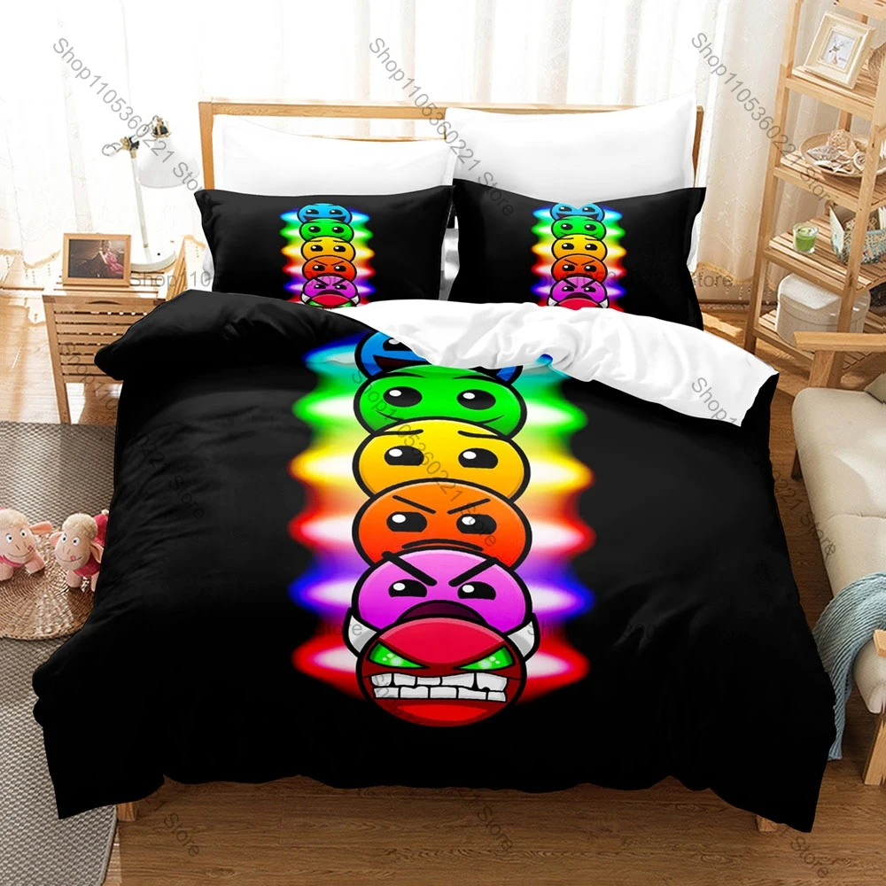 Personality Game Angry Geometry Dash Bedding Set New Duvet Cover Pillowcase Brushed Microfiber Bed Set for Boys Girls Bedroom De