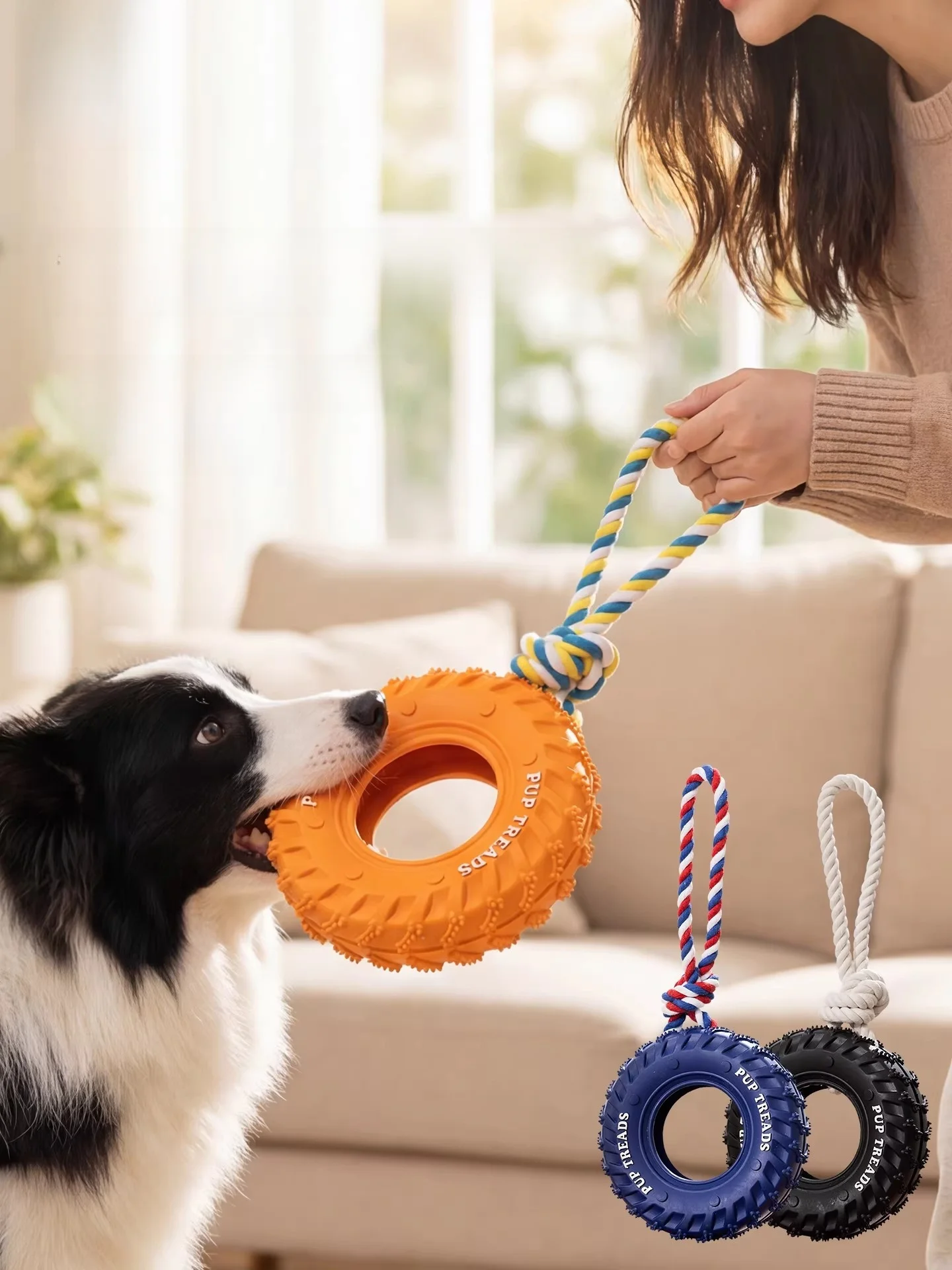 丈夫なゴム製犬用おもちゃ、綱引き、噛み付き防止タイヤデザイン、中型犬から大型犬に最適、歯のクリーニング、犬のための楽しい遊び
