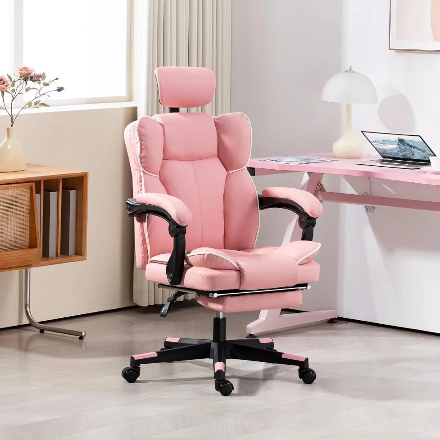 Luxurious Executive Office Chair with Overstuffed PU Leather Reclining Feature Built-in Foot Rest and Adjustable Headrest Swive