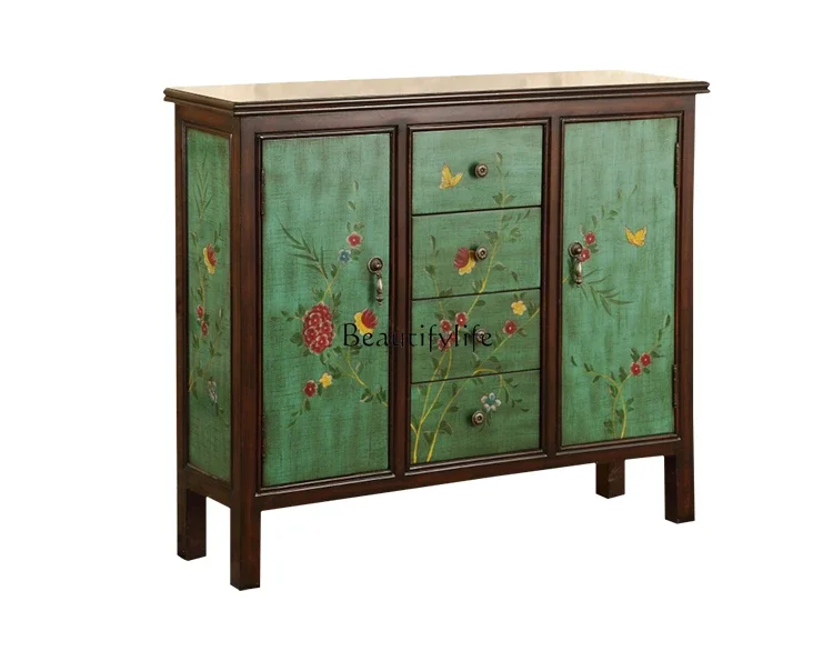 

13Green painted pastoral dining side cabinet foyer entrance decorative storage multi-functional cabinet