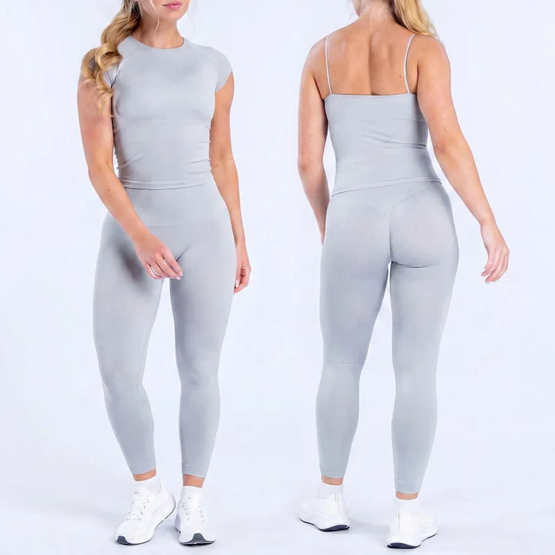 Denyf Yoga Sets For Women 2 Piece Gym Clothes Longline Strappy Top And High Waisted Leggings Fitness Suit Pilates Workout Sports