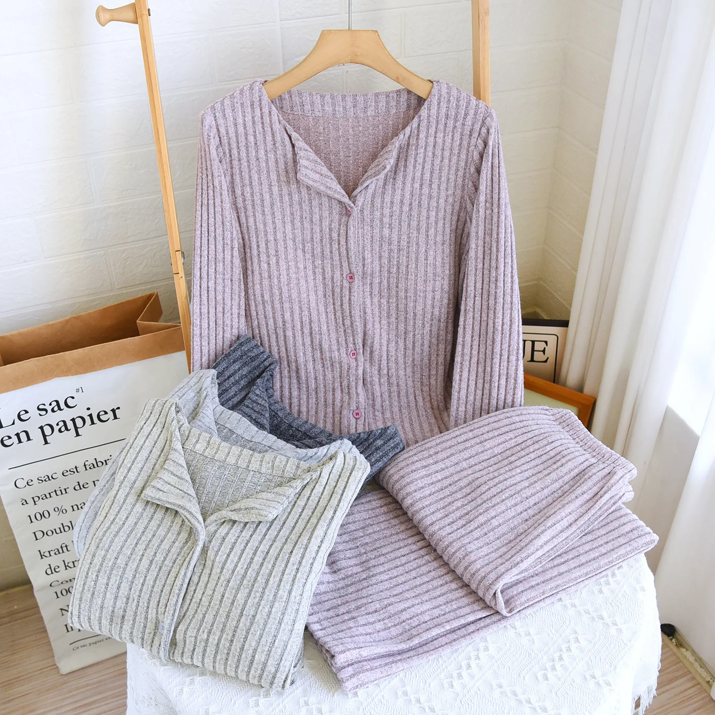 

Chest Pad Pajamas 2 Piece Set Sleepwear Women's Suit Autumn Winter Pajamas Long Sleeve Night Wear Female Ladies Nightwears