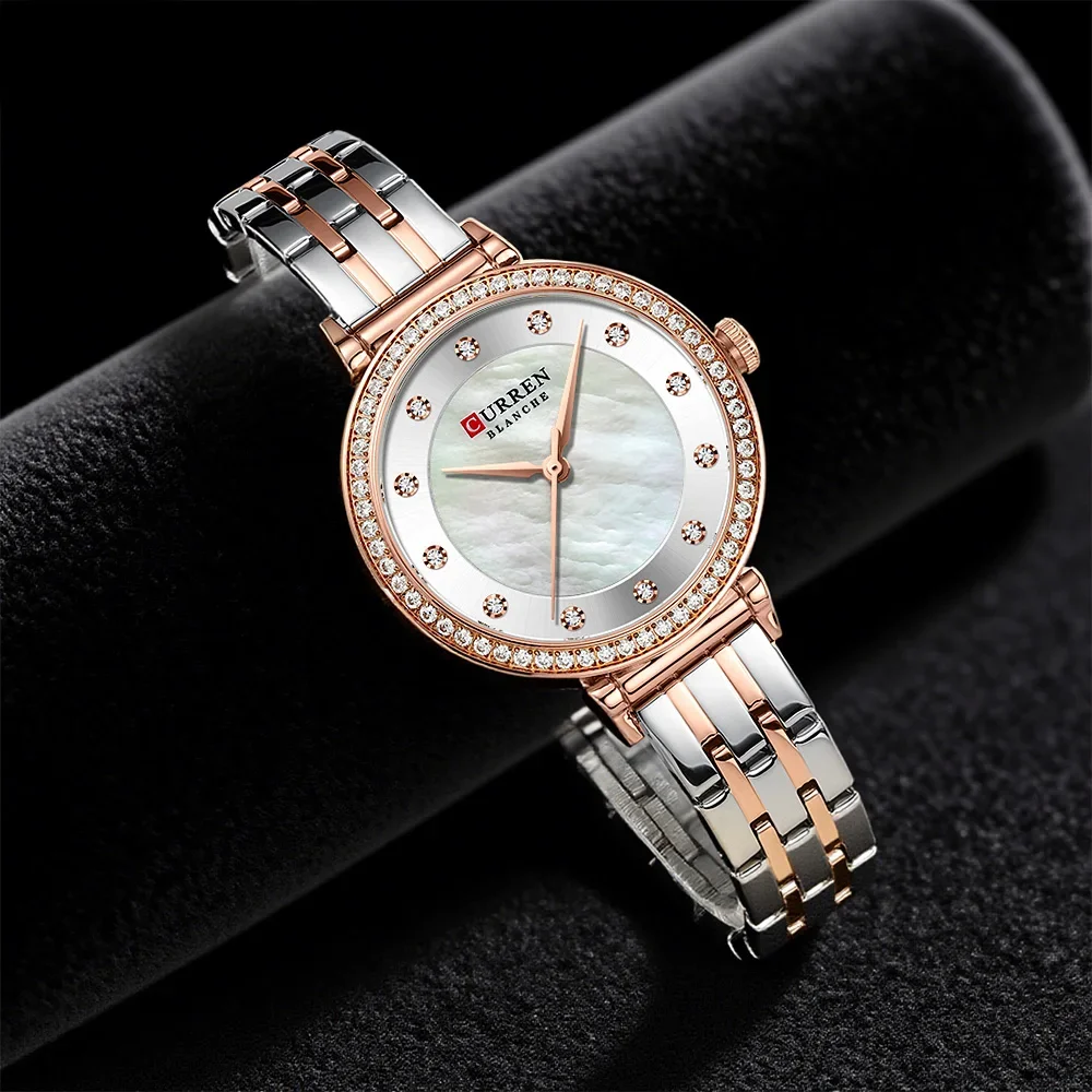 CURREN 9087 Luxury Slim Women's Watch Two Tone Stainless Steel Band Mother of Pearl Dial with Rhinestones Elegant Quartz Watch