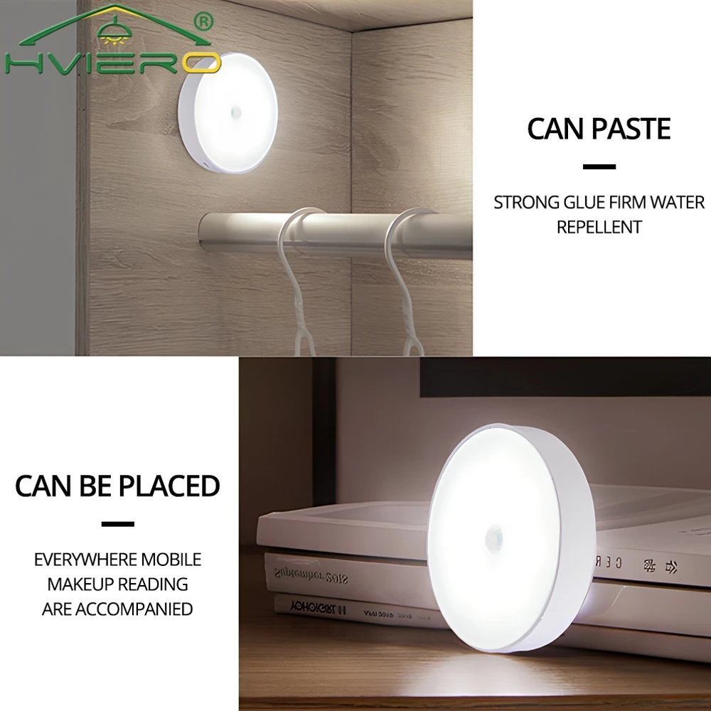 Luce notturna rotonda Sensore di movimento wireless a LED Ricarica USB per la decorazione della camera da letto Lampada da parete per illuminazione dell'armadio delle scale