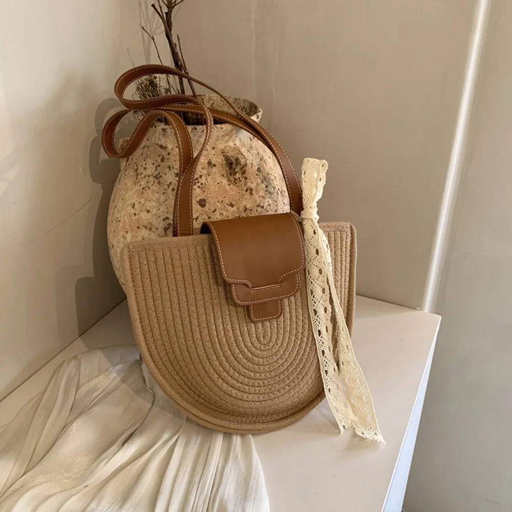 

Пляжная сумка-тоут в стиле ретро, плетеная, универсальная, полукруглая, на плечо/через плечо, маленькая, для отдыха на море