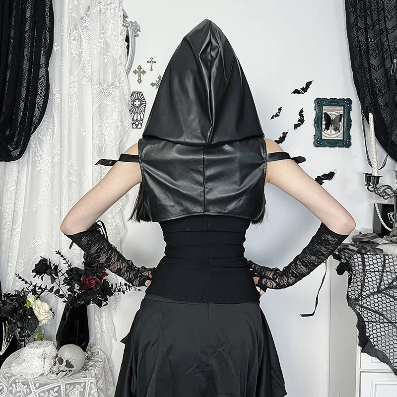 Goth Dark Punk Style Sleeveless Zip Hooded Crop Tops Women Cyber Y2K Faux Pu Leather Hoodies Smock Mall Gothic Streetwear 2025