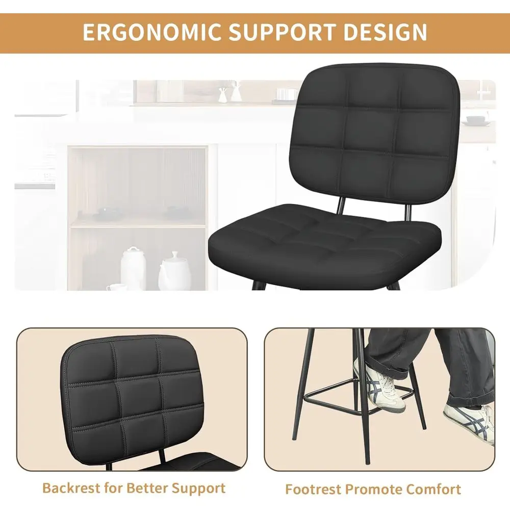 زوج من 24 مقعدًا معدنيًا منجدًا باللون الأسود مع ظهور ومساند للقدمين لتناول الطعام أو جزيرة المطبخ #5