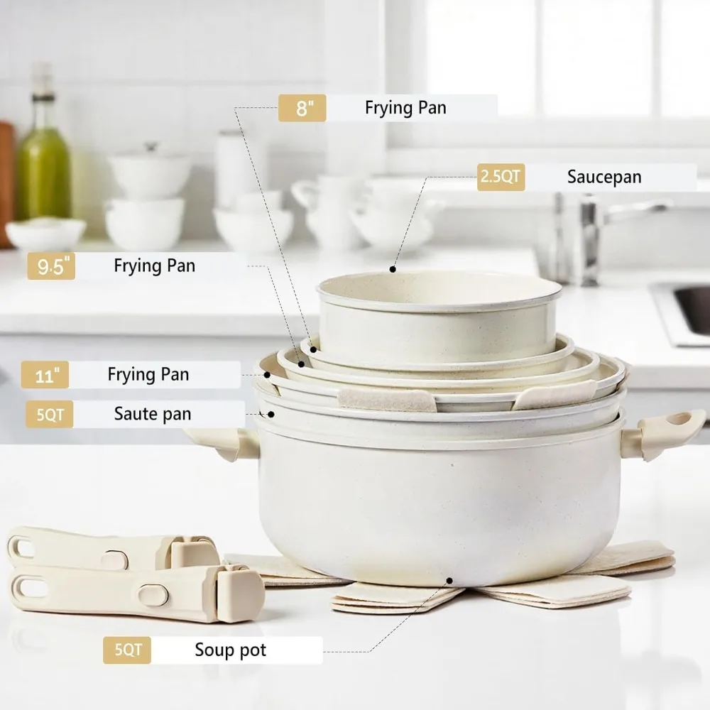 22-Piece Nonstick Cookware Set with Detachable Handles, Soup Pot, Frying Pan New