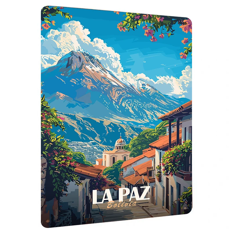 La Paz Bolivia Arte de parede de metal vintage Paisagem de igreja de montanha andina Decoração de casa para sala de estar Decoração de escritório